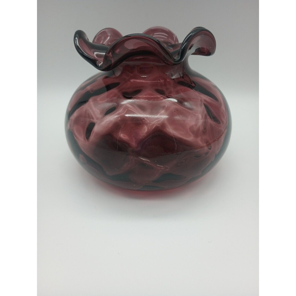 Vtg Purple Optic Glass Vase Diamond Plum Aubergine Scalloped Squat
